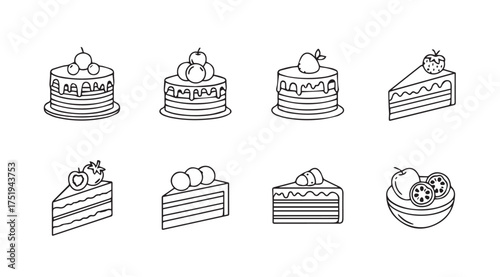 Assorted delicious cakes and slices hand drawn sketch style icons for baking and desserts vector