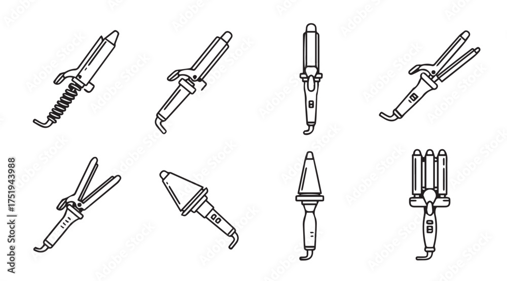 Naklejka premium Collection of various curling irons and hair styling tools in sketch style vector