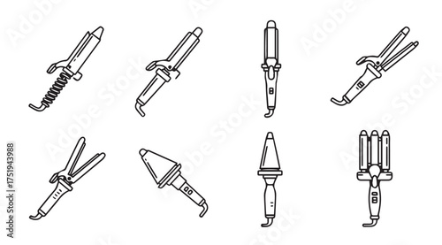 Collection of various curling irons and hair styling tools in sketch style vector