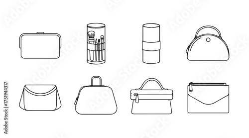 Collection of hand-drawn sketches of various purses clutches and makeup bags for fashion design vector