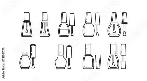 Collection of hand drawn nail polish bottles and brushes various styles elegant design elements vector