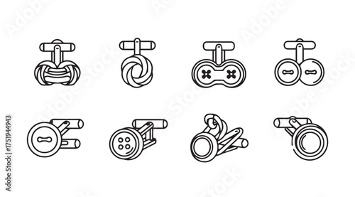 Collection of eight unique cufflink designs showcasing vintage and modern styles and mechanisms vector