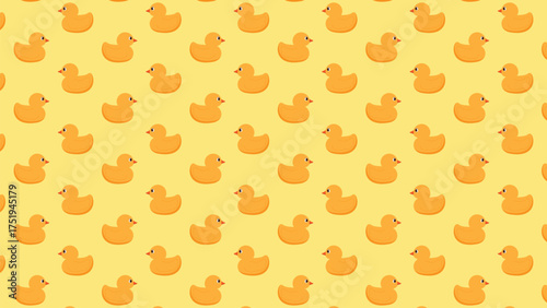 Minimalist vector illustration of yellow rubber duck toys, creating a staggered repeating seamless pattern. Monochromatic bright design for kids' party print