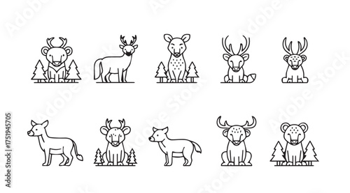 Charming forest animal portraits in decorative outline style for whimsical designs vector