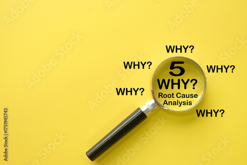 A lean management and Kaizen tool for continuous improvement.The 5 Whys methodology is shown under a magnifying glass,representing a strategy for quality control and process optimization in business.