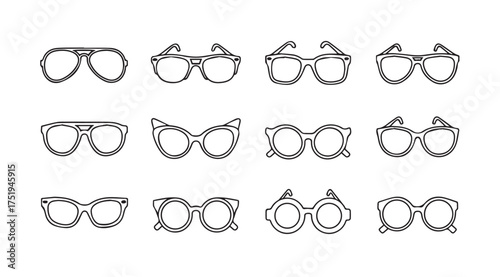 Collection of diverse eyewear styles drawing style isolated graphic elements for vision concepts vector