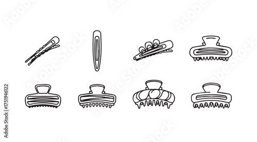 Collection of hand drawn claw clips and hair pins for styling and beauty essentials vector