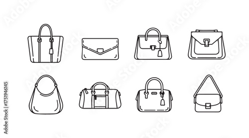 Collection of eight handbag styles and purse silhouettes simple line art fashion accessories vector