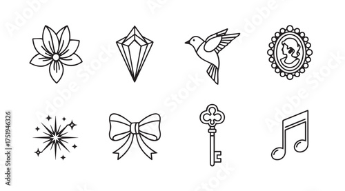 Charming hand drawn sketch icons of flower gem bird portrait star bow key music note vector