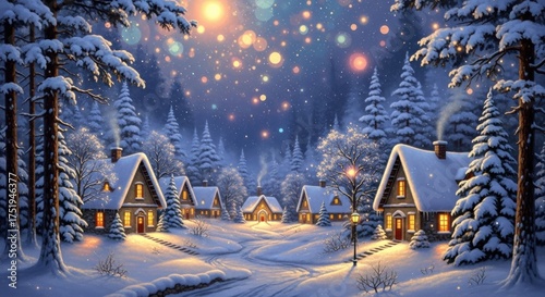 Enchanting Winter Village: Snow-Covered Cottages, Sparkling Lights, Serene Night