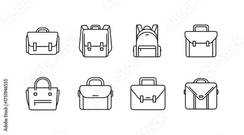 Collection of diverse business briefcases and backpacks in hand-drawn line art style vector