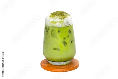Ice matcha latte ready for drink , served on wooden plates.