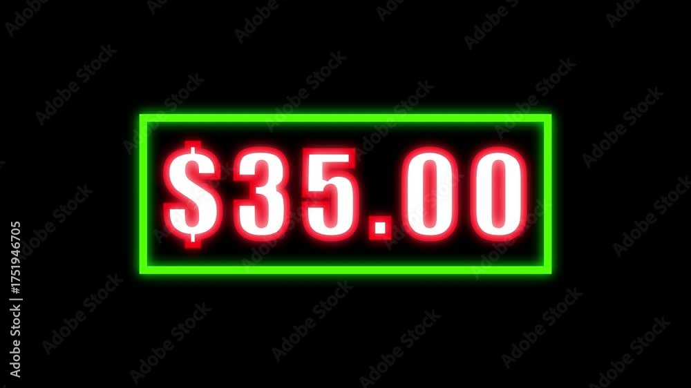 Animated price counter with green frame on black background. 0 to 70 counting dollar number animation. 4k quality video with neon effect.