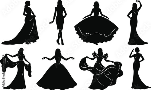 Set of eight black silhouettes of elegant women in various dress styles and poses, ideal for fashion and design themes