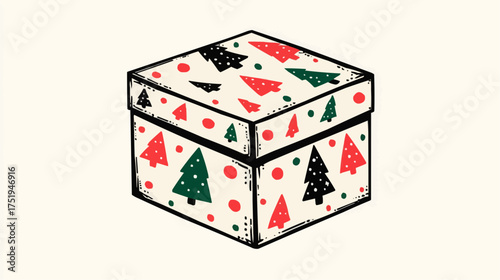 Festive gift box decorated with green Christmas trees and red polka dots on beige background. Ideal for holiday packaging, wrapping paper, or printable seasonal decor