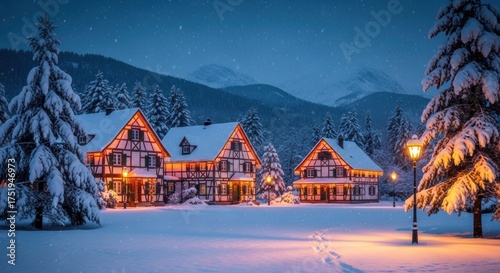 Winter Village: Illuminated Cottages in Snowy Landscape with Footprints and Falling Snow