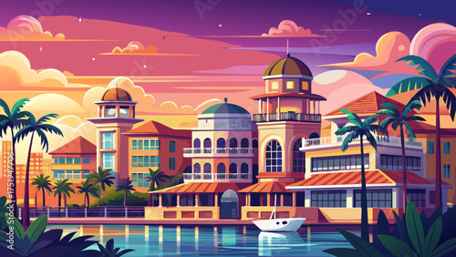 
Very beautiful Naples, Florida skyline featuring elegant waterfront architecture, palm trees, and pastel-colored buildings glowing under soft sunset light along the Gulf Coast.