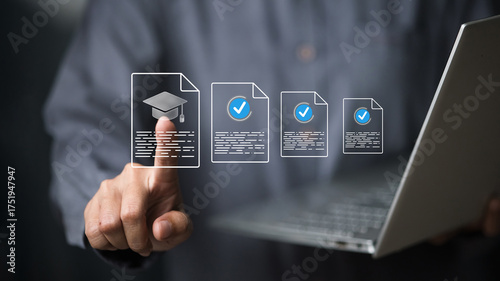 Businessman using laptop to validate online education certificates, digital learning verification concept