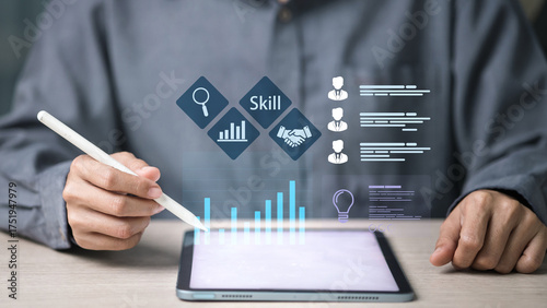 Digital skills and analytics on tablet with stylus, HR tech upskilling and workforce development concept