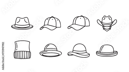 Collection of hand drawn headwear styles including caps fedoras and cowboy hats vector