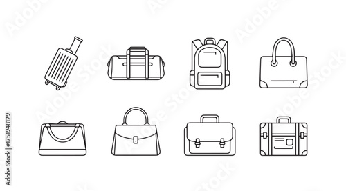 Set of travel bags and luggage icons featuring suitcase backpack duffel and handbags vector