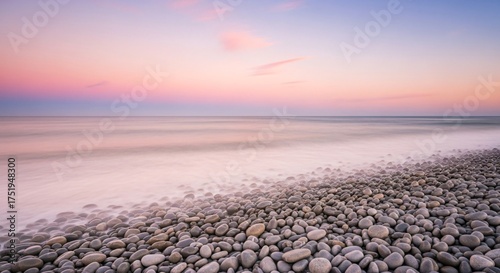 Fototapeta Naklejka Na Ścianę i Meble -  Beach sunset pebble rocks ocean pink sky landscape nature