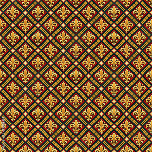 A seamless pattern with gold fleur de lis on a royal blue background 