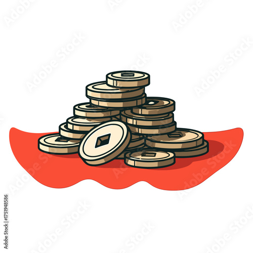 Pile of Chinese coins on red fabric, Lunar New Year prosperity symbol