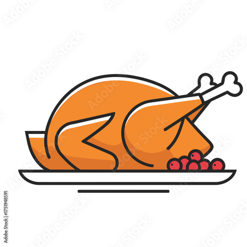 Roasted turkey with cranberry garnish on plate, Thanksgiving dinner