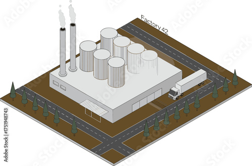 Modern isometric illustration of industrial factory with storage tanks, truck loading dock, and smoke stacks in industrial production area, eco background