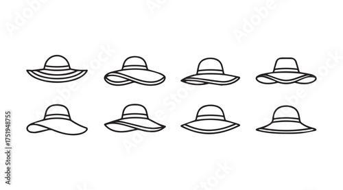 Collection of eight stylized hand-drawn wide-brimmed summer hats for sun protection vector