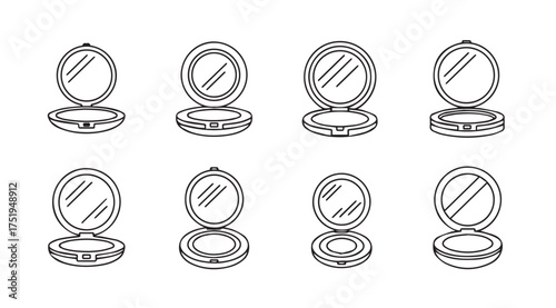 Set of eight hand drawn sketch style compact powder makeup cases with mirrors vector