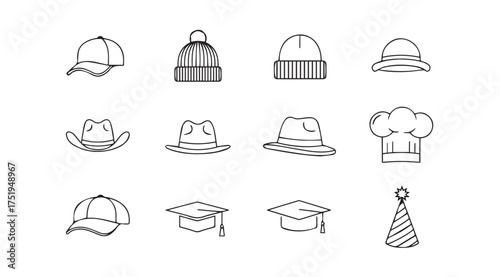 Collection of hand drawn headwear icons featuring hats caps beanies and graduation caps vector