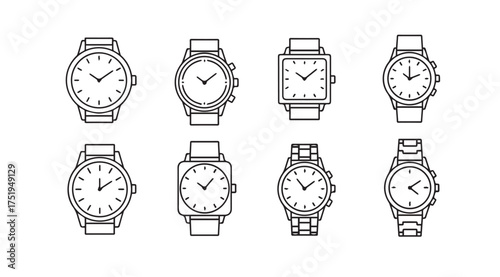 Collection of hand drawn line art wristwatches showing different shapes and styles vector