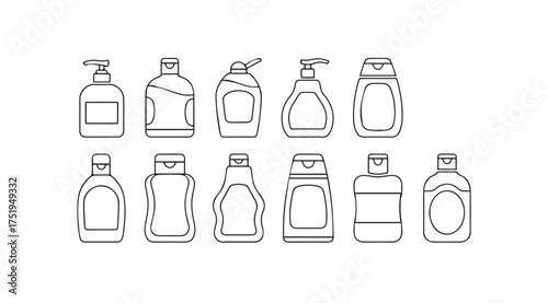Collection of various hand drawn cosmetic and personal care bottles with dispenser caps vector