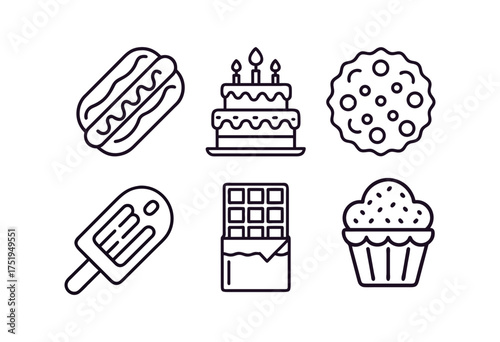 Set of six vector illustrations depicting popular food items and desserts in a clean line art style