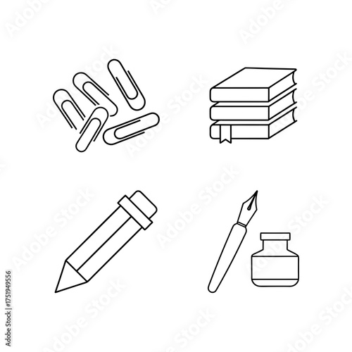 Vector icons set of stationery supplies paperclips books pencil inkwell and pen for creative projects