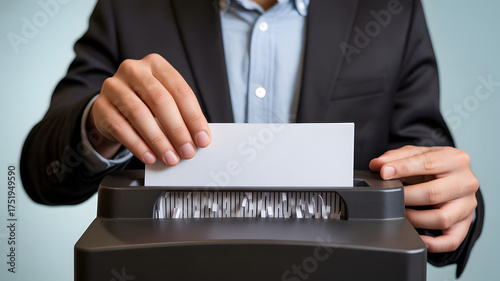 Businessman shredding confidential documents symbolizing data protection, privacy, and security.