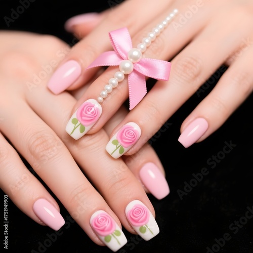 4k high quality Ai generative HD photo realistic pretty model design woman girl hands manicure nail artist artwork color ribbon pink baby drawing holding ring pearl jewelry bracelet background