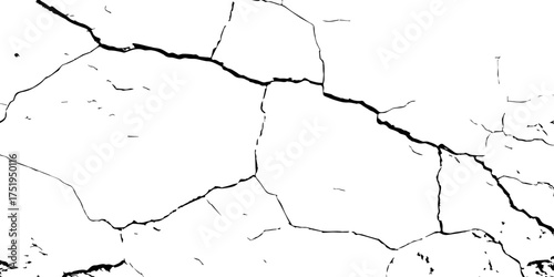 Cracked wall texture in high contrast black and white, perfect for grunge backgrounds, decay effects, or aged urban design references.
