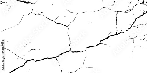 Cracked wall texture in high contrast black and white, perfect for grunge backgrounds, decay effects, or aged urban design references.
