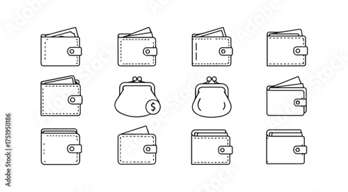 Collection of wallet and purse icons in sketch style for financial and shopping concepts vector