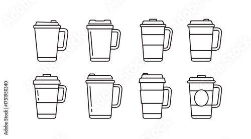 Collection of eight hand-drawn insulated travel mugs with lids and handles for coffee or tea vector