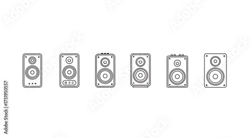 Collection of six hand-drawn speaker icons representing audio equipment and sound systems vector