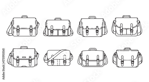 Set of eight hand drawn messenger bags and satchels in a simple line art style vector