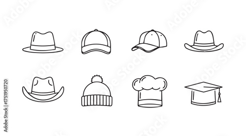 Collection of hand-drawn headwear icons featuring hats caps and graduation cap for fashion and style vector