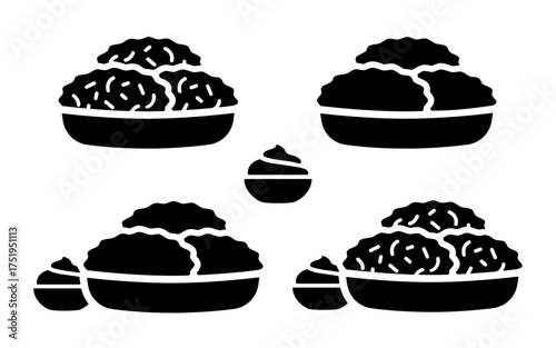 Latkes or potato pancakes icon, black silhouette isolated on white. Traditional Hanukkah Latke with sour cream, stencil style. Vector clipart or png for minimalist Hanukkah design and print.
