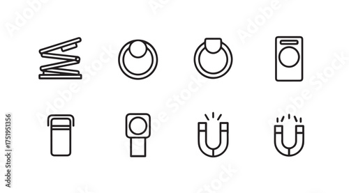 Set of line art icons representing mechanical components and physics concepts clean design vector