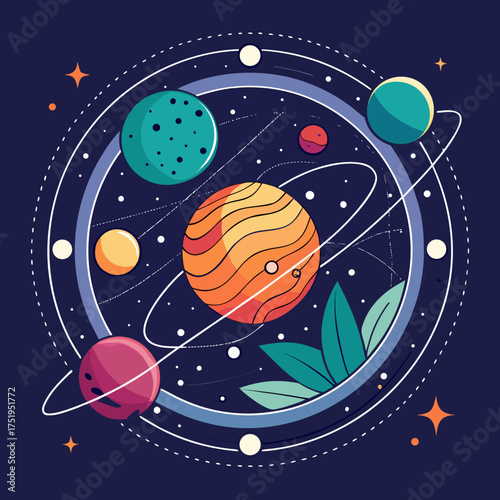 Vector illustration of celestial bodies and orbital paths with botanical elements in a cosmic scene