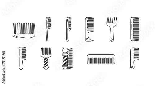 Collection of diverse hair combs and brushes stylized line art for grooming and beauty vector